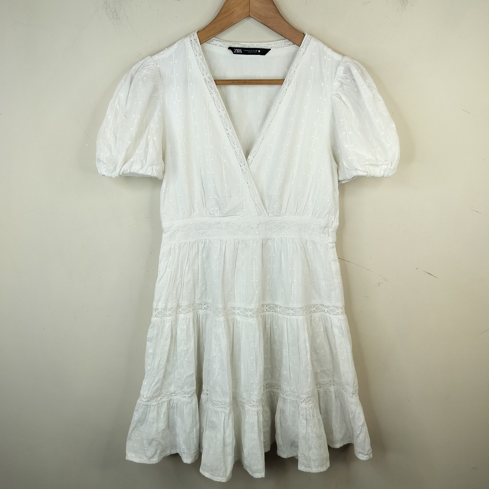 Zara Mini Dress Small Swiss Dot Lace Tiered Puff Sleeve Boho White
